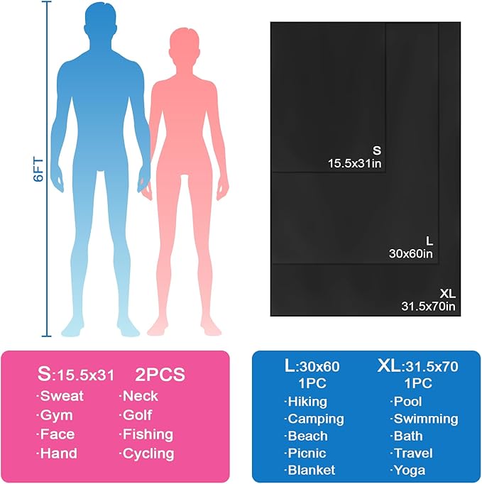 Camping Towel Microfiber Quick Dry Hiking Beach Swimming Pool Travel Hot Yoga Mat Body Towels(Black, 1 Pack XL)