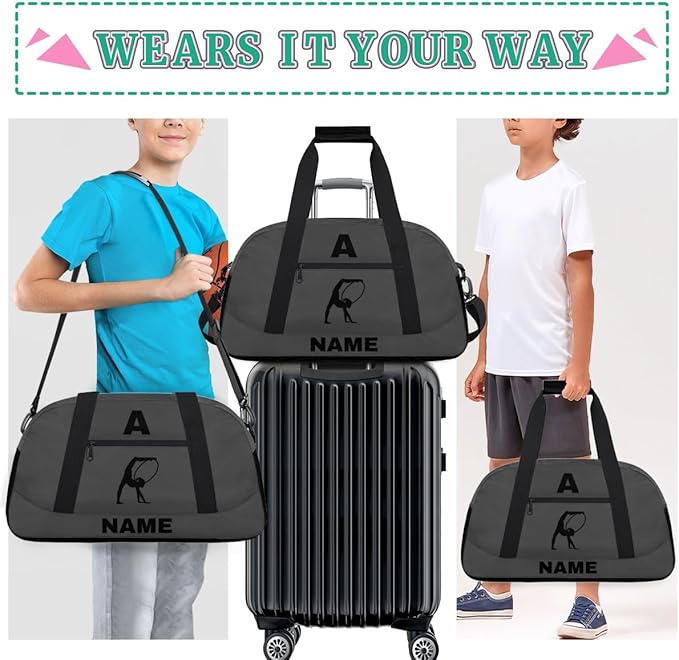 Personalize-Kids-Sports-Duffel-Bags With Custom Name Text Carry-On Overnight Travel Gym Lightweight Dance Pattern Sports Bags For Girls Boys Kids,Grey