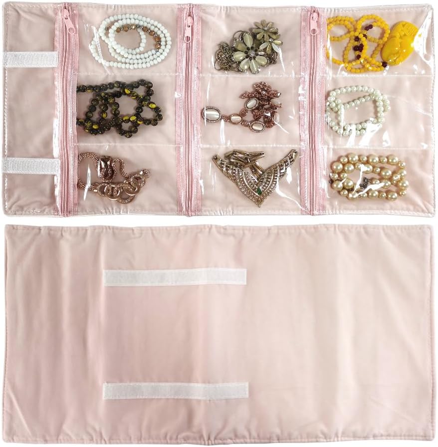 Travel Jewelry Roll Bag Portable Organizer Pouch With Grids&PVC Cover Storage Bags for Necklace, Bracelet, Bracelet,Ring, Badge, Pendant