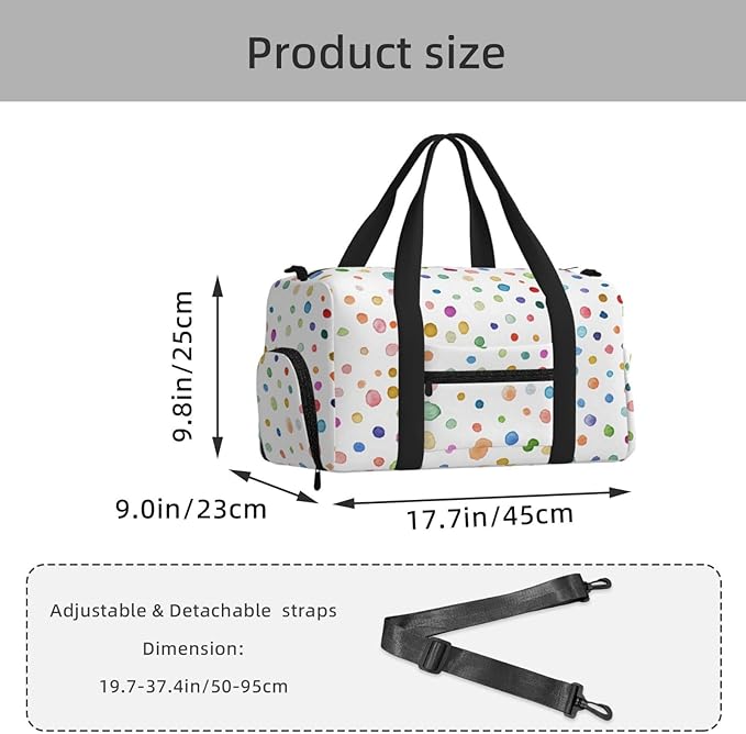 Rainbow Confetti Dots Watercolor Pattern Women'S Gym Duffle Bag With Shoes Compartment, Ideal For Travel, Gym, Sports, Duffel, Weekender