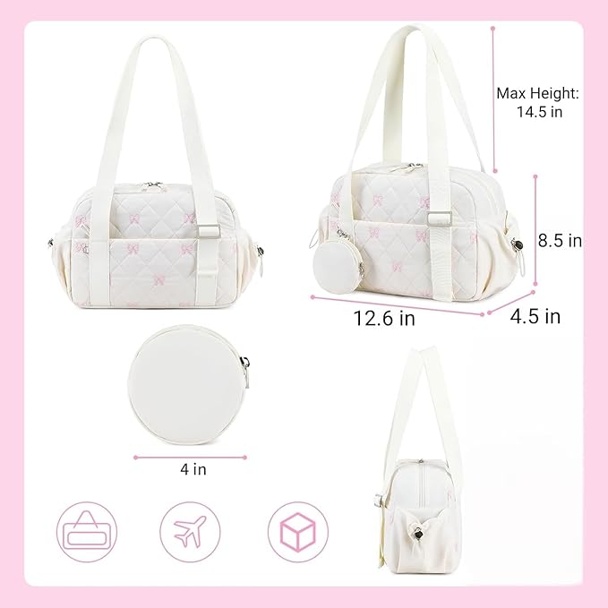 CAMTOP Mini Gym Bag for Women, Small Gym Tote Bag Puffy Quilted Sports Duffel Bag with Wet Compartment and Coin Purse Duffel Bags Dance Yoga Workout Bag for Gifts (White Pink Bow, Mini-12.6")
