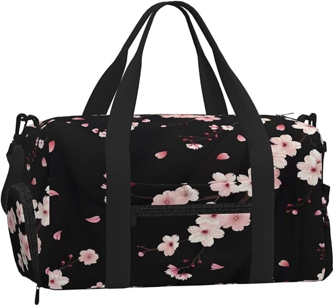 Sports Gym Bag Blossom Pink Cherry Flowers Travel Duffel Bag With Shoe Compartment Shoulder Strap, Lightweight Water-Resistant Weekend Overnight Totes For Women Men