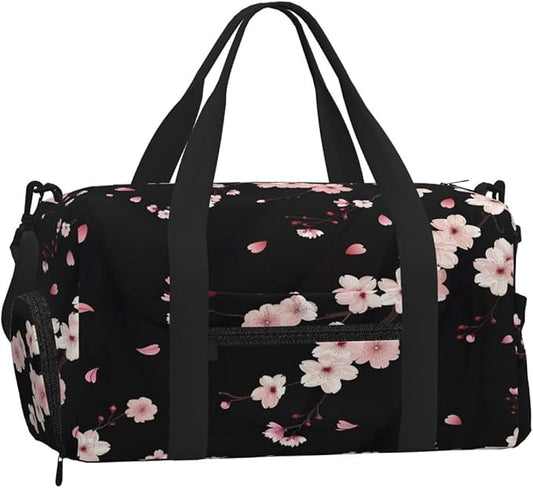 Sports Gym Bag Blossom Pink Cherry Flowers Travel Duffel Bag With Shoe Compartment Shoulder Strap, Lightweight Water-Resistant Weekend Overnight Totes For Women Men