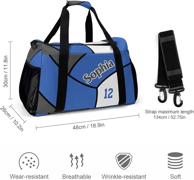 Custom Volleyball Blue Duffel Bag with Name Personalized Travel Bags Sport Gym Bag Carry On Weekender Bags for Men Women