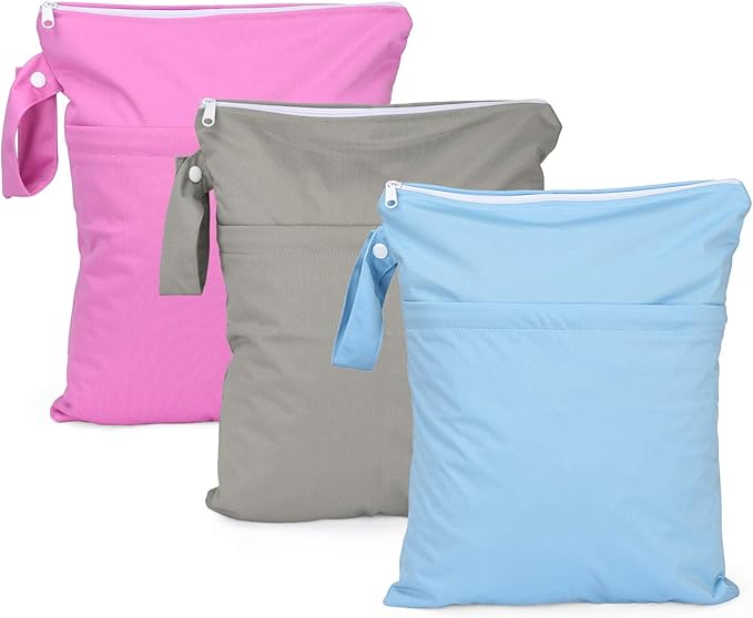 3 Pack Wet Dry Bags for Baby Cloth Diapers,Washable Travel Bags,Beach,Pool,Gym Bag for Swimsuit/Wet Clothes with 2 Pockets (11" x 14.3")-Pink,Grey,Blue