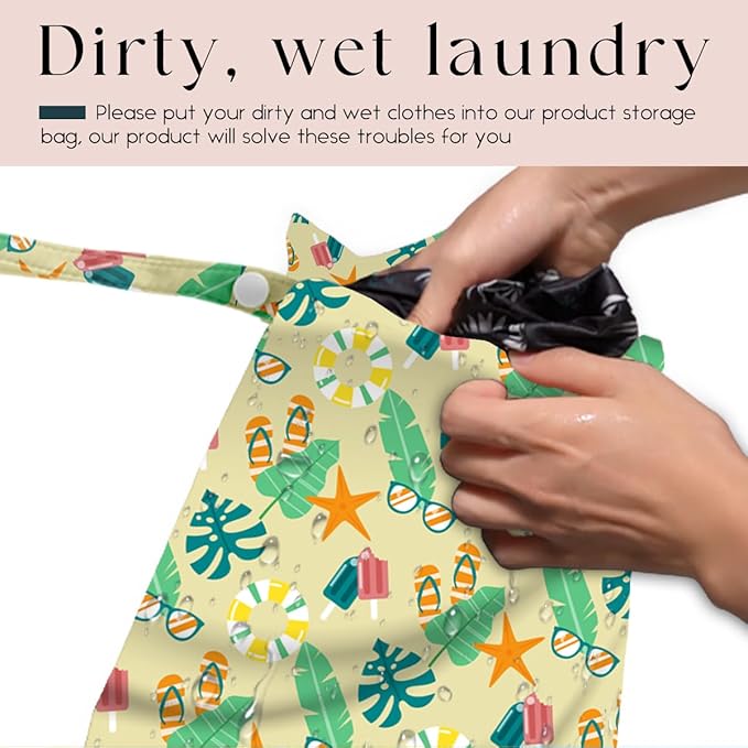 Wet Bag, Wet Dry Bag, Waterproof Swim Bags, Machine Washable Reusable Bags for Beach, Pool, Diapers, and Dirty Yoga Gym Clothes(Palm Leaf, Starfish & Beach Vacation Pattern