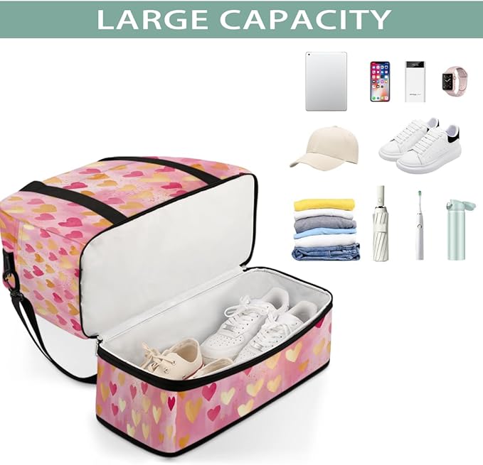 Pink Gold Heart Large Weekender Bag with Shoe Compartment Travel Duffel Bags for Women Carry On Hospital Overnight Bag Foldable Personal Item Travel Bags Tote Gym Sports Airplanes