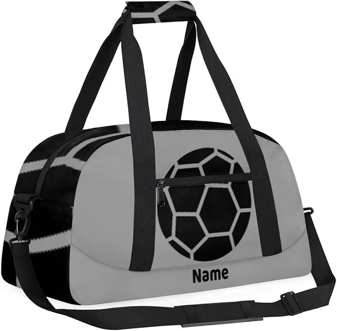 Custom Name Gray Black Soccer Boys Gym Travel Duffle Bag with Front Zipper Pocket Personalizedfor Sports Bag for Overnight, Weekender, Carry On,Workout & Dance, 18.9 * 8.7 * 10.6 in