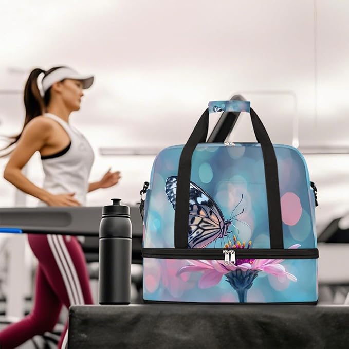 Pink Flower Butterfly Large Weekender Bag with Shoe Compartment Travel Duffel Bags for Women Carry On Hospital Overnight Bag Foldable Personal Item Travel Bags Tote Gym Sports Airplanes