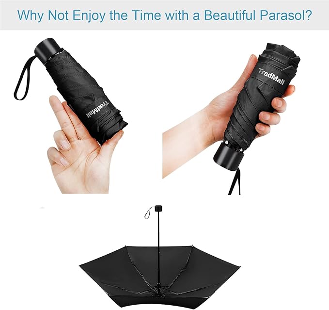 TradMall Mini Travel Umbrella, Portable Lightweight Compact Parasol with 95% UV Protection for Sun & Rain