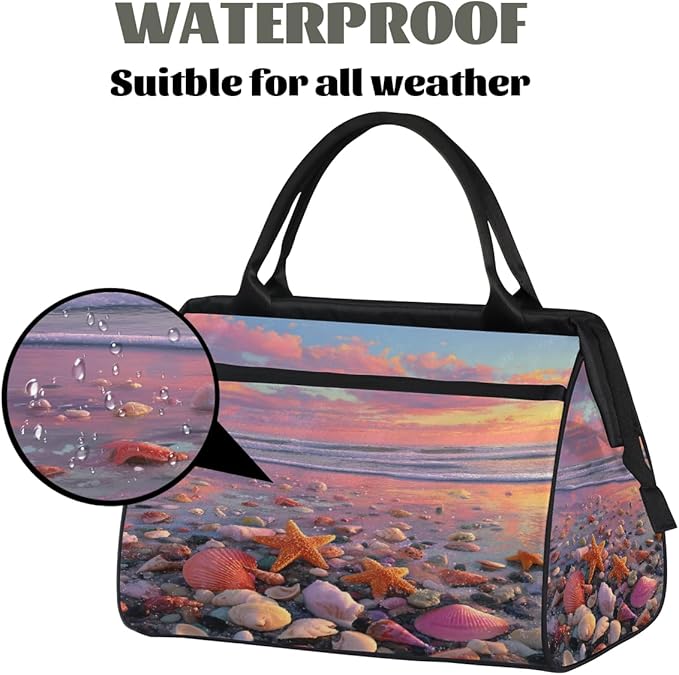 Sunset Beach Shell Starfish Overnight Weekender Bags for Women Men, Waterproof Travel Carry On Duffel Bag, Lightweight Sports Gym Bag for Fitness, Workout, Travel