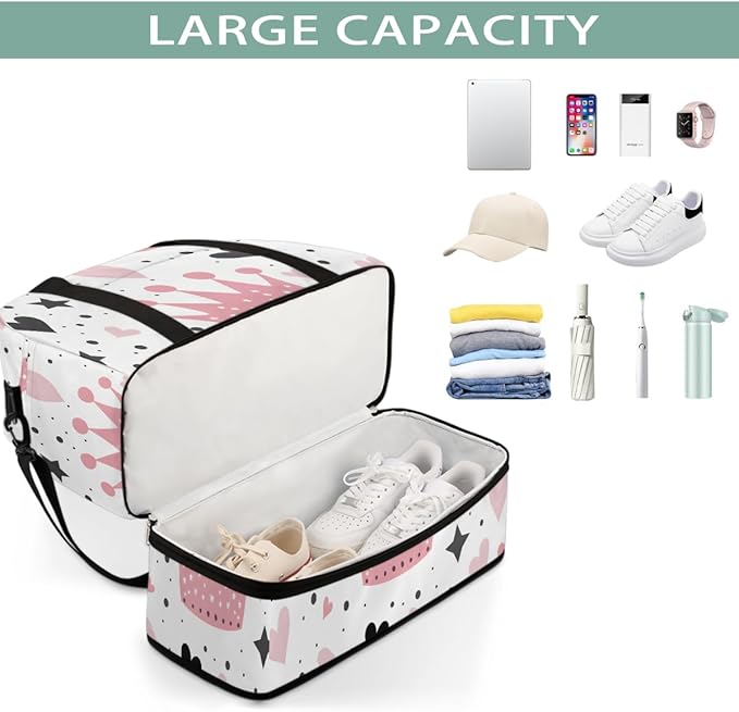 Pink Heart Star Crown Large Weekender Bag with Shoe Compartment Travel Duffel Bags for Women Carry On Hospital Overnight Bag Foldable Personal Item Travel Bags Tote Gym Sports Airplanes