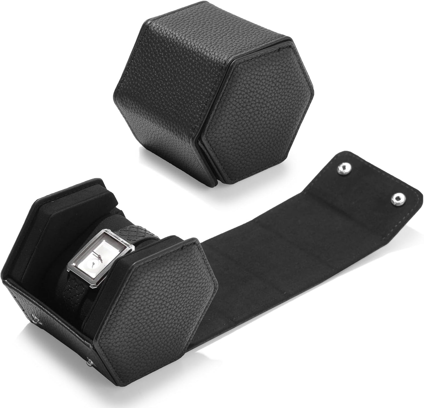 Oirlv Luxury Hexagonal Leather Watch Travel Case Single Watch Box for Men Portable Jewelry Storage Roll Organizer (1-Slot,Black)