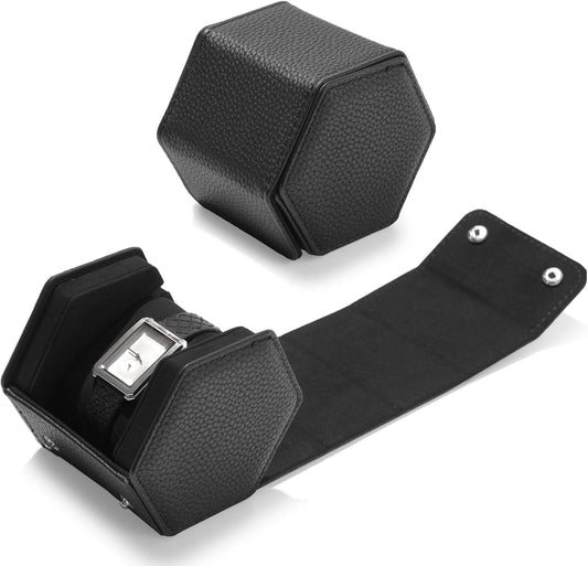 Oirlv Luxury Hexagonal Leather Watch Travel Case Single Watch Box for Men Portable Jewelry Storage Roll Organizer (1-Slot,Black)