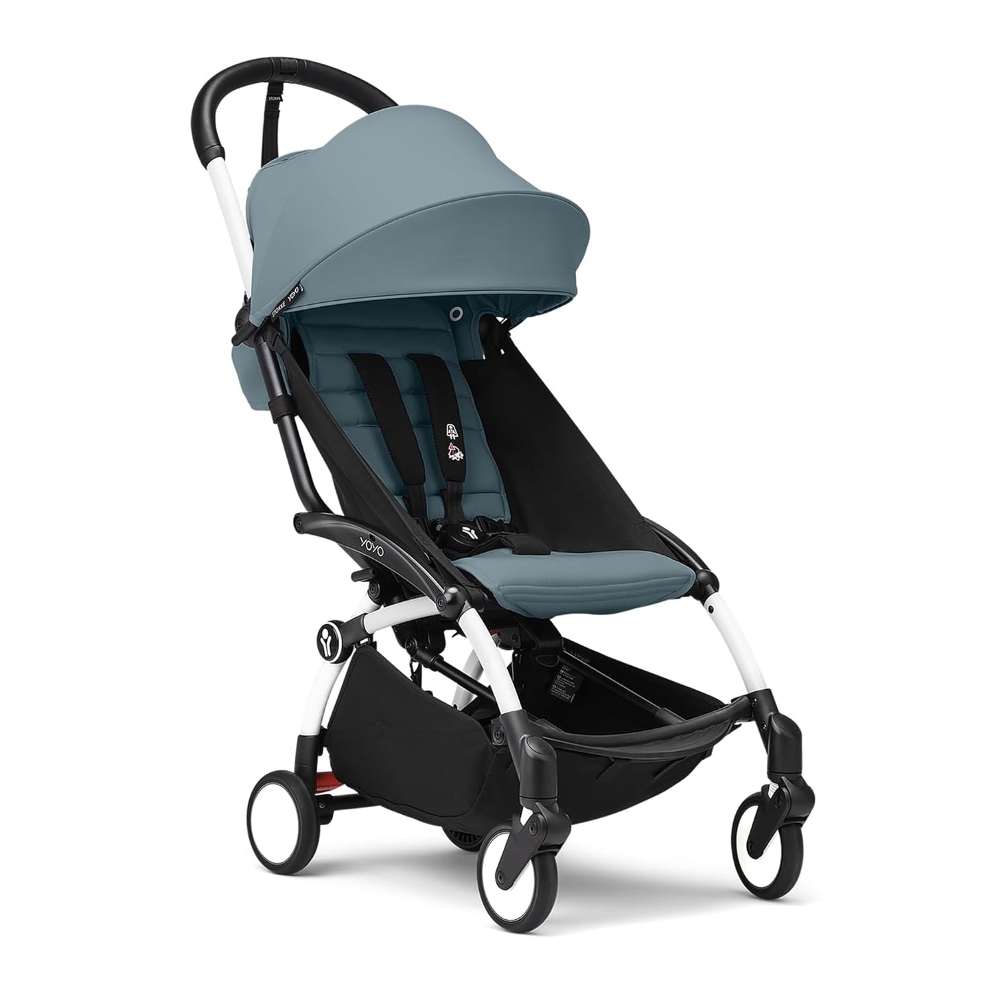 Stokke YOYO3 Stroller from 6 Months - Includes White Frame/Aqua Seat Cushion + Canopy - Folds in & Out in a Flash - Light & Compact - Carry-On Compatible