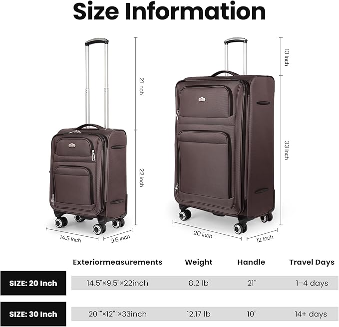 Softside Luggage Sets 2 Piece,Expandable15% Lightweight Durable Suitcase Sets Double Spinner Wheels & w/Combination LOCK（Coffee,20in/30in）