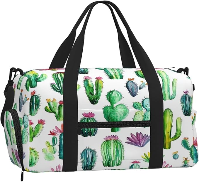 Sports Gym Bag Tropical Plant Cactus Pattern Travel Duffel Bag With Shoe Compartment Shoulder Strap, Lightweight Water-Resistant Weekend Overnight Totes For Women Men