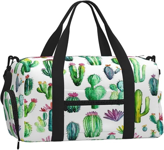 Sports Gym Bag Tropical Plant Cactus Pattern Travel Duffel Bag With Shoe Compartment Shoulder Strap, Lightweight Water-Resistant Weekend Overnight Totes For Women Men
