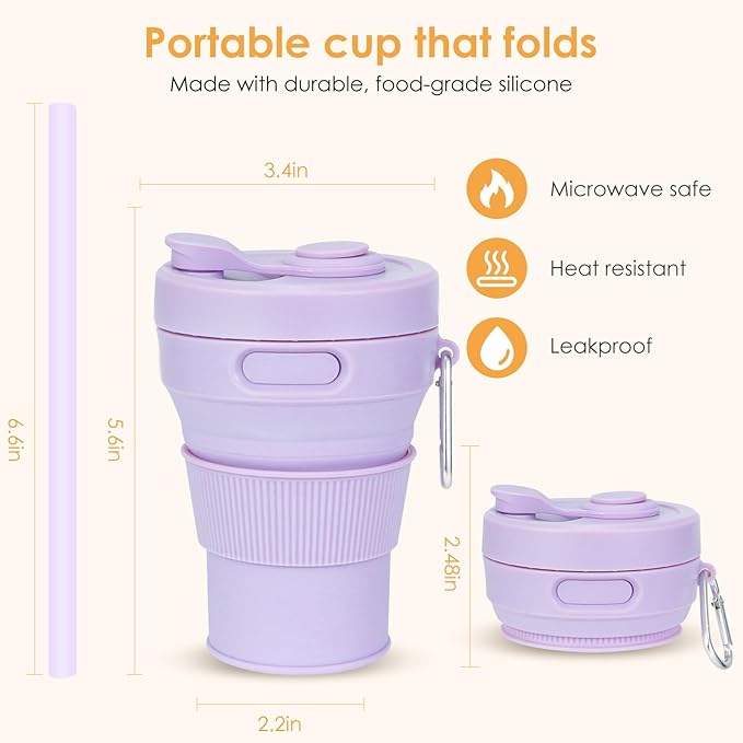 Collapsible Travel Cup - Lilac,16oz/450ml，Leak-Proof Reusable To-Go Pocket Size Silicone Bottle for Hot & Cold Drinks - Camping & Hiking - Dishwasher Safe- Straw included