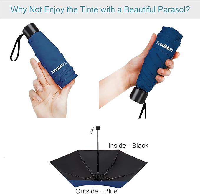 TradMall Mini Travel Umbrella, Portable Lightweight Compact Parasol with 95% UV Protection for Sun & Rain