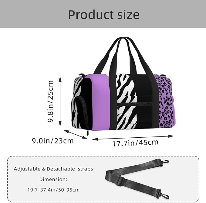 Leopard Print, Zebra Print, Animal Print, Purple Women'S Gym Duffle Bag With Shoes Compartment, Ideal For Travel, Gym, Sports, Duffel, Weekender