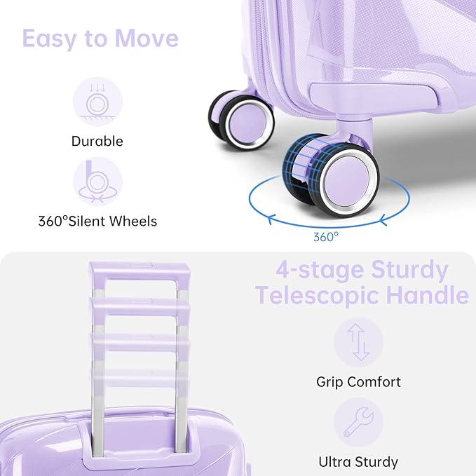 5 Piece Luggage Set Carry on Suitcase with Spinner Wheels, Expandable Hardshell Luggage PP Lightweight Suitcase Set for Women (Lavender)