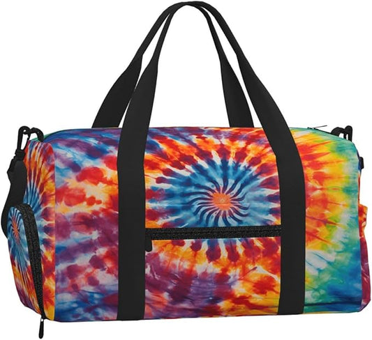 Sports Gym Bag Tie Dye Art Swirl Travel Duffel Bag With Shoe Compartment Shoulder Strap, Lightweight Water-Resistant Weekend Overnight Totes For Women Men