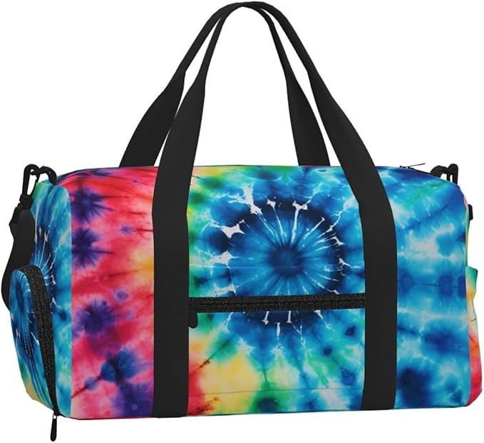 Sports Gym Bag Colorful Tie Dye Ethinic Pattern Travel Duffel Bag With Shoe Compartment Shoulder Strap, Lightweight Water-Resistant Weekend Overnight Totes For Women Men