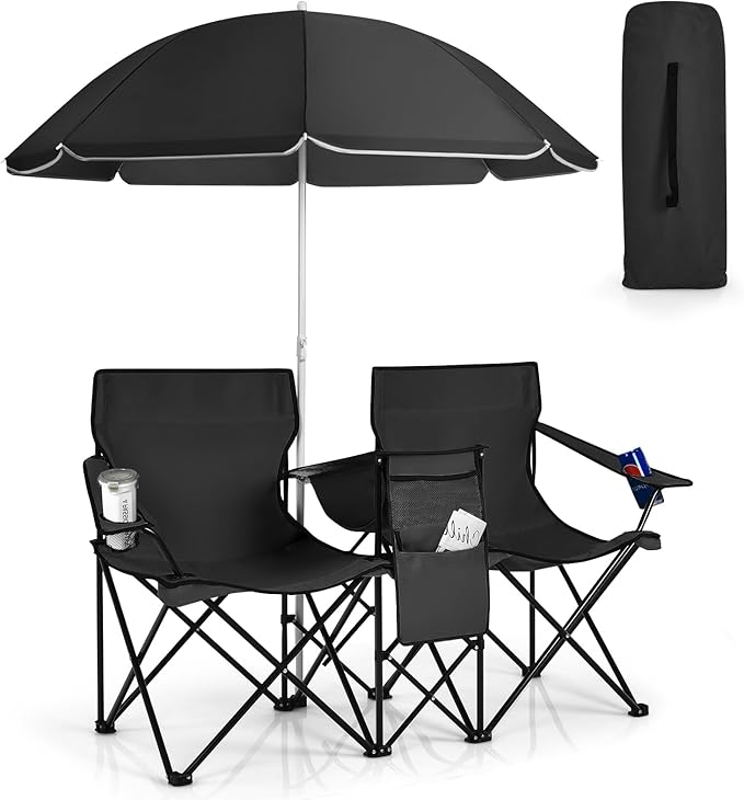 KOTEK Double Camping Chair, Folding Camp Chair with Removable Umbrella, Cup Holders, Cooler Bag, Side Pocket & Carry Bag, 2-Person Beach Chair for Outdoor, Sports, Concerts, Travel, Picnic (Black)