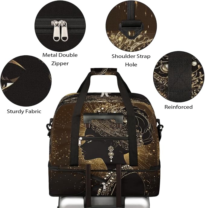 Foldable Travel Duffel Bag for Women - Carry on Personal Item Bag with Shoes Compartment, Weekender Overnight Duffle Bags Sport Tote Gym Luggage for Airplanes Traveling(African Women)