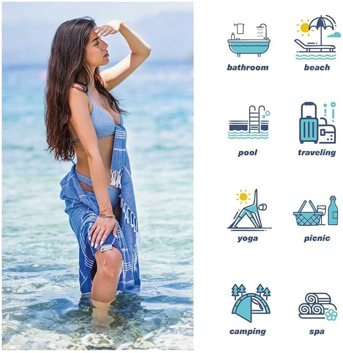 Hencely Turkish Beach Towel 37x68 Oversized, Sand-Free, Quick-Dry, Lightweight - Travel Essential for Pool & Bath - Striped 100% Cotton Bathroom Towels Accessories Gift (Blue)