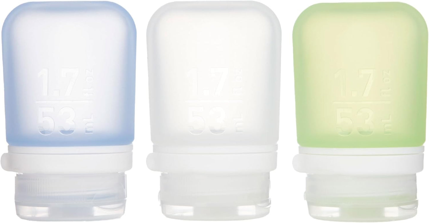 humangear GoToob+ 3-Pack (Small) | Refillable Silicone Travel Bottle | Locking Lid | Food-Safe Material, Clear/Green/Blue, Small (1.7 fl.oz; 53ml)