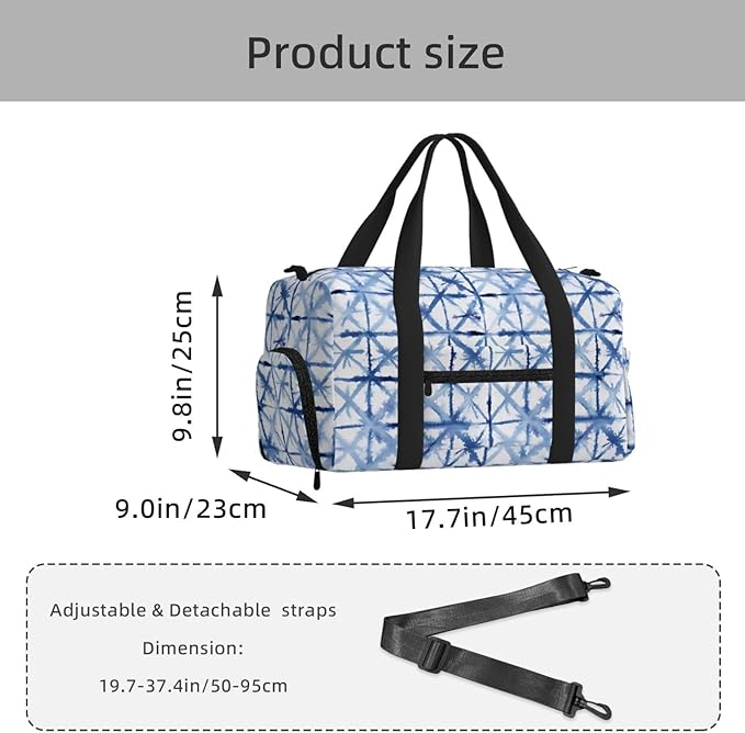Tie Dye Indigo Blue Watercolor Women'S Gym Duffle Bag With Shoes Compartment, Ideal For Travel, Gym, Sports, Duffel, Weekender