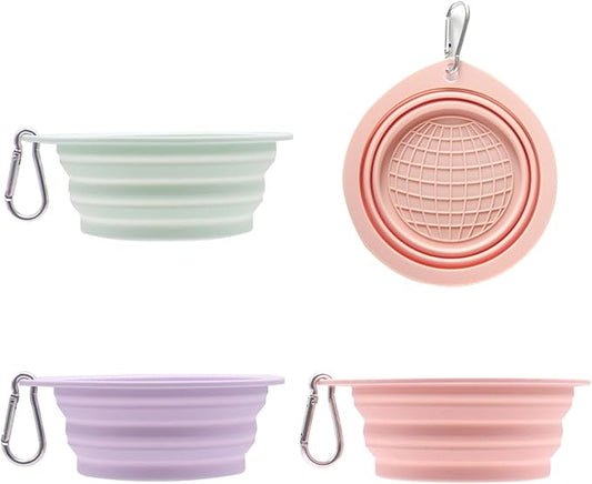 3-Pack Collapsible Dog Bowls - Non-Slip Silicone Pet Travel Bowls with Carabiner, Food-Grade Portable Feeder (5.11in Top/3.54in Base), Concentric Ring Texture - Green+Purple+Pink Set