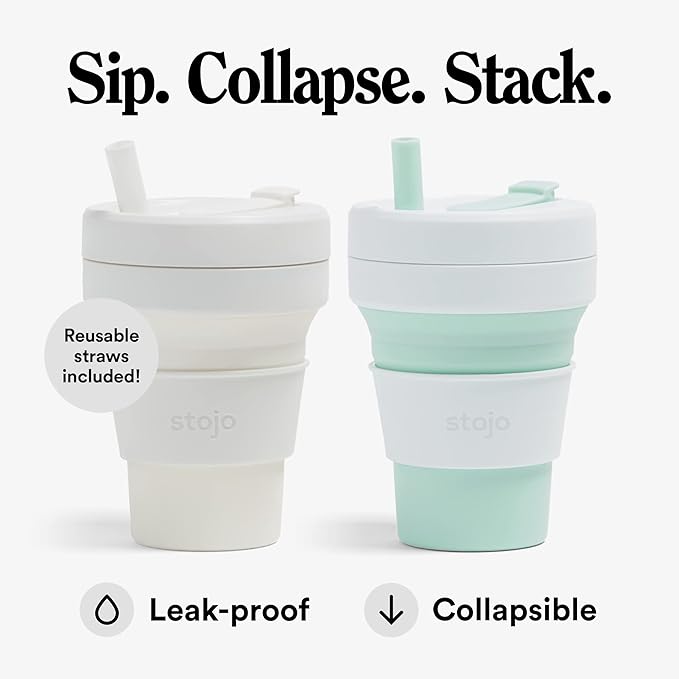 STOJO Collapsible Travel Cup Gift Set With Straw - 2-Pack, Mint Green & Quartz White, 16oz / 470ml - Reusable To-Go Pocket Size Silicone Cup for Hot and Cold Drinks - Microwave & Dishwasher Safe