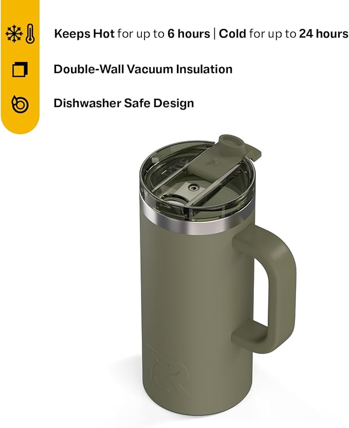RTIC 16oz Road Trip Travel Mug with Lid and Handle, Ceramic Lined, Insulated, Stainless Steel, Metal, Double Wall Vacuum-Insulation, Portable Coffee, Tea Cup for Hot and Cold Drink, Olive