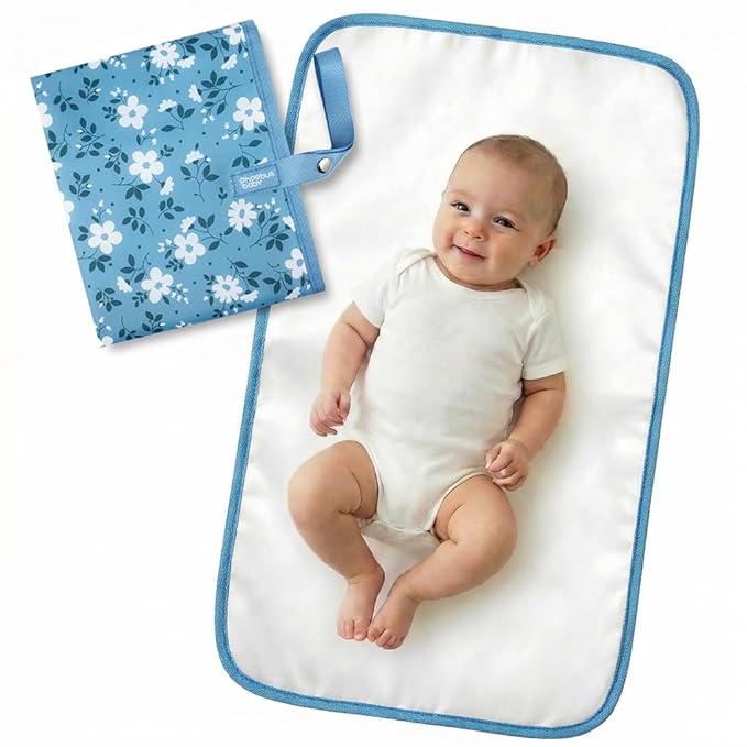 Portable Diaper Changing Pad for Baby - Waterproof Compact Changing Mat with Wrist Strap - Wipeable Travel Changing Pad for Diaper Bag - Gifts for Baby Shower by PHOEBUS BABY(Blue Flowers)