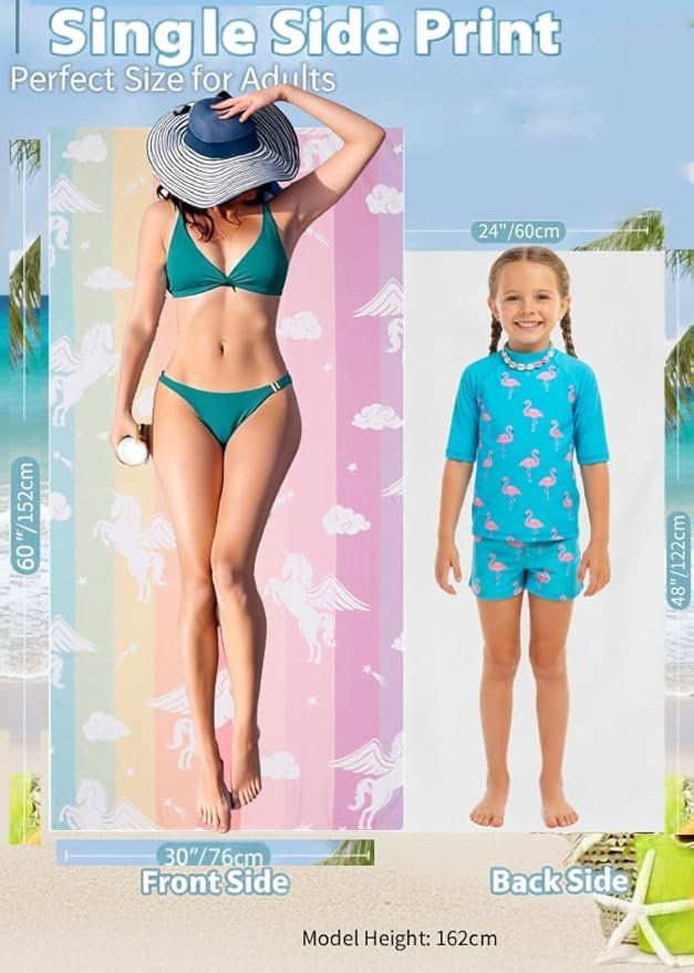 LIVILAN Pink Unicorn Rainbow Beach Towel, 24” x 48” for Kids, Girls, Women, Teens, Oversized, Soft Microfiber, Quick Dry, Sand Proof, Ideal for Travel, Pool, Picnic, Unique Unicorn Gifts