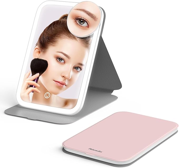 Mocado Travel Makeup Mirro with Lights, 360° Rotation Lighted Makeup Mirror, Portable Mirror with 10x Magnification, 60LEDs 3 Color Lightings, Dimmable Touch Screen, Tabletop Light up(Pink)