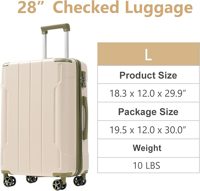 28 Inch Large Checked Luggage Hardside Suitcase with Spinner Wheels, Lightweight Expandable Hard Shell ABS Suitcases with TSA Lock, Large Travel Luggage for Women, Men, White Green