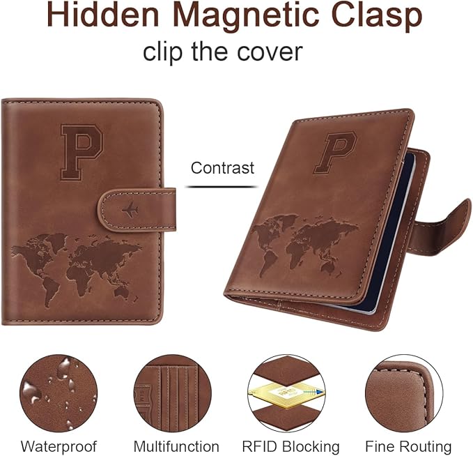 Passport Holder Cover Personalized Initial Letter A-Z Travel Wallet RFID Blocking Passport Cover Passport Book Holders for Women and Men, Brown-P