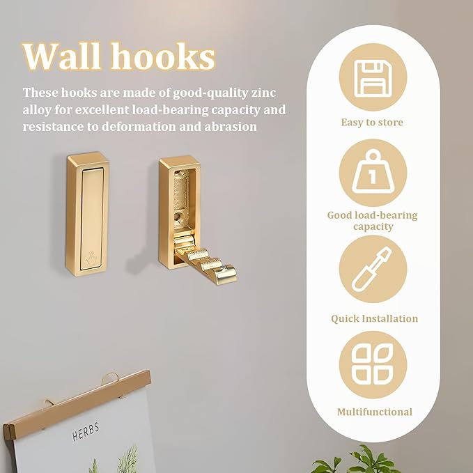 2pack Gold Foldable Wall Hooks, Folding Coat Hooks Wall Mounted, Foldable Plant Hanger, Gold Coat Rack Wall Mount (2, Square)