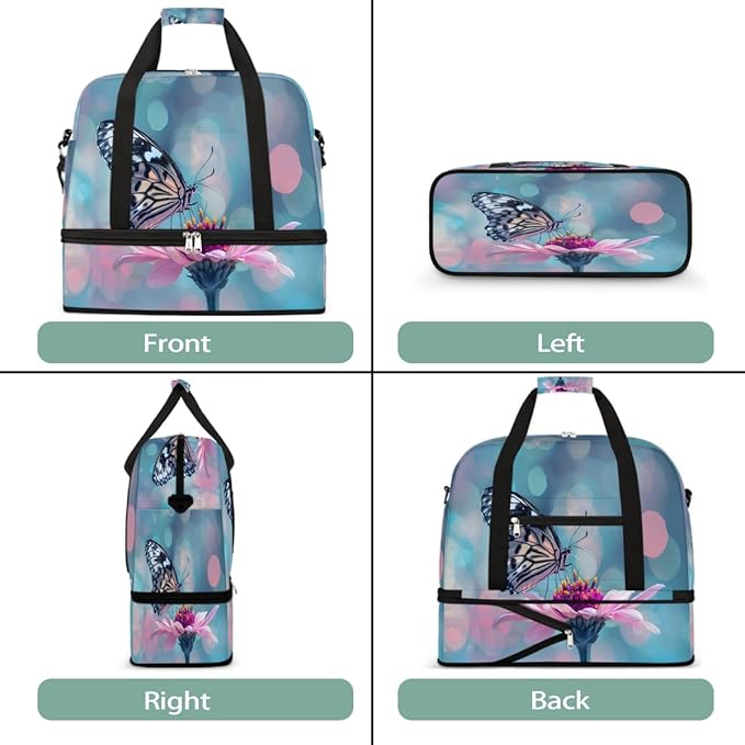 Pink Flower Butterfly Large Weekender Bag with Shoe Compartment Travel Duffel Bags for Women Carry On Hospital Overnight Bag Foldable Personal Item Travel Bags Tote Gym Sports Airplanes