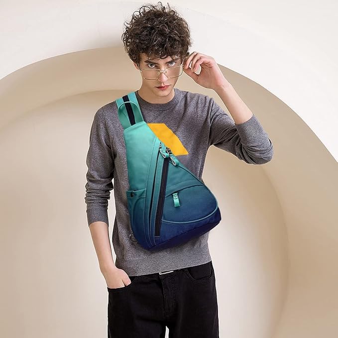 KL928 Canvas Sling Bag - Small Crossbody Backpack Shoulder Casual Daypack Rucksack for Men Women(Large Version,Blue+GrayishGreen)