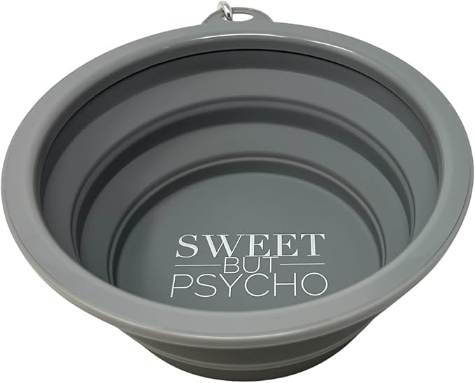 SparkDog Sweet But Psycho Collapsible Dog Bowl, 1000ML (34oz) –XL Food-Grade Silicone Travel Bowl with Sturdy Rim – Extra Large Portable for Dogs & Cats – Great for Pet Lovers (Gray)