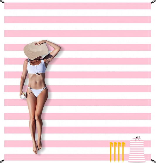 BEW Pink Stripe Beach Blanket Sandproof Waterproof, Extra Large 78''×86'' Beach Mat for 1-4 Adults with Stakes and Sand Pocket, Compact Lightweight Sand Free Picnic Mat Beach Essential