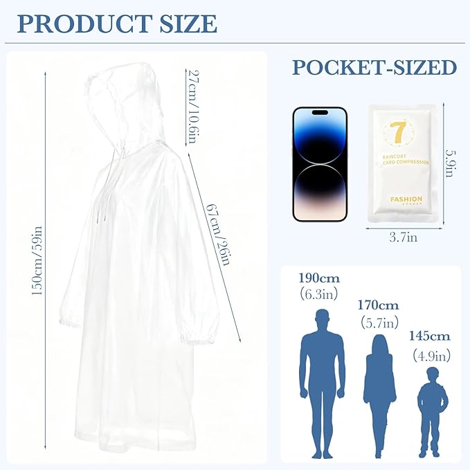 Disposable Rain Ponchos for Adults, 5Pcs Card-Sized Emergency Ponchos with Hood Clear Ponchos Family Pack for Travel, Waterproof PE Raincoats with 10Pcs Shoe Toe Sticker for Women, Men, Kids