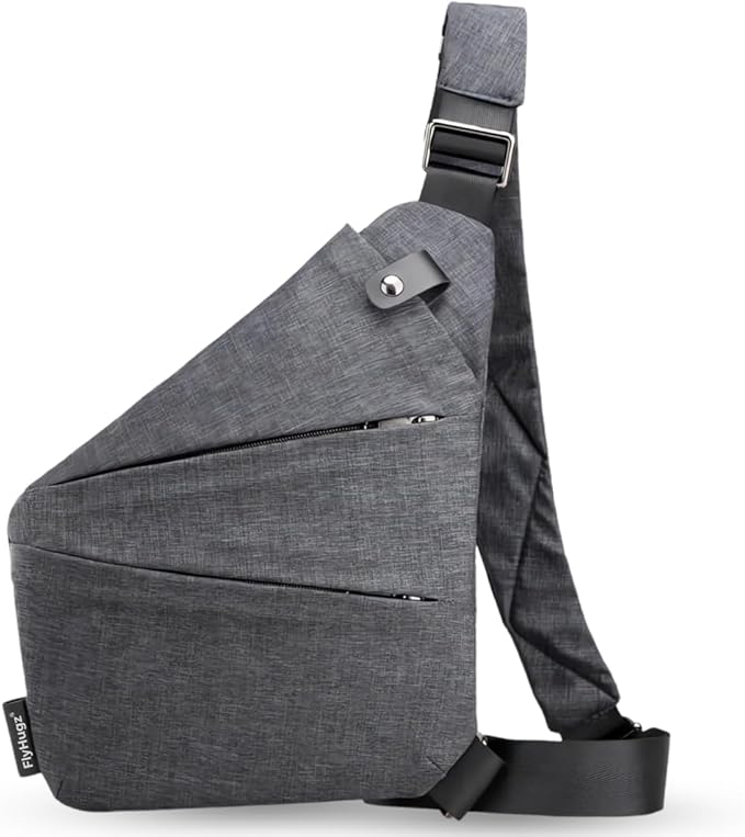 FlyHugz Anti-Theft Crossbody Sling Bag for Travel - Gray Canvas, Multi-Pocket Design for Men & Women, Water-Resistant
