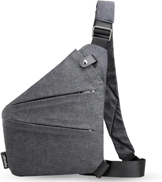 FlyHugz Anti-Theft Crossbody Sling Bag for Travel - Gray Canvas, Multi-Pocket Design for Men & Women, Water-Resistant