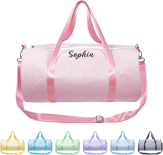 Personalized Seersucker Duffle Bag for Girls, Custom Dance Bag with Embroidered Name,Overnight Bag Ballet Gym Weekender Travel Bag